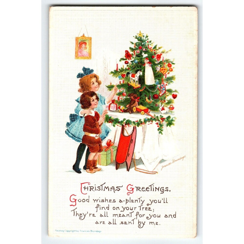 Christmas Postcard Signed Frances Brundage Children By X-mas Tree Gabriel 229